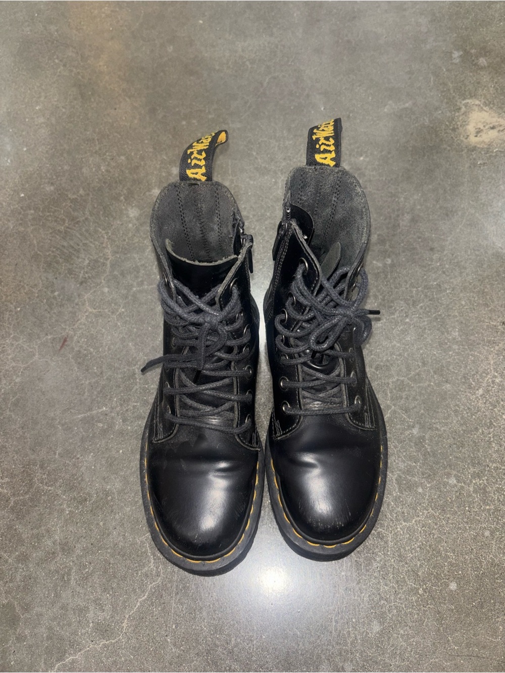 Dr. Marten Platform Black Lace-Up Combat Boots with Yellow Stitching size 6